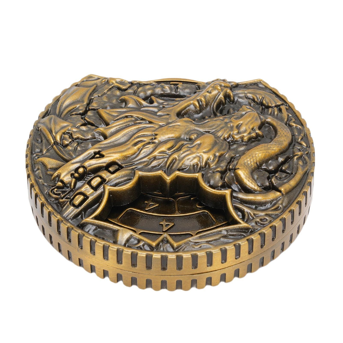 Antique brass 7-in-1 metal spinner dice for tabletop role-playing games, rotatable zinc alloy replacement toy for outdoor play.