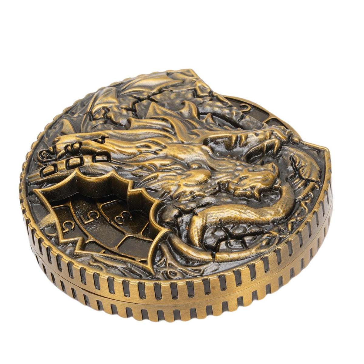 Antique brass 7-in-1 metal spinner dice toy for tabletop role-playing games, rotatable zinc alloy design, outdoor kids' play equipment