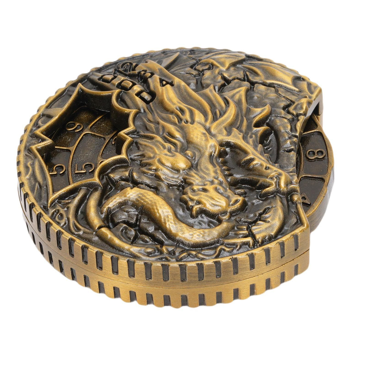 Seven-in-one metal spinner dice made of zinc alloy, antique brass finish, rotatable tabletop game accessory for role-playing games.