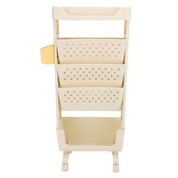Cream white 5-tier rolling book cart by Everything Baby with lockable casters, suitable for study, office, or bedroom storage.