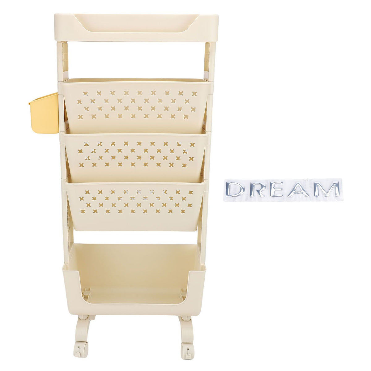 Cream white 5-tier rolling book cart by Everything Baby with lockable casters, versatile storage for study, office, or bedroom.