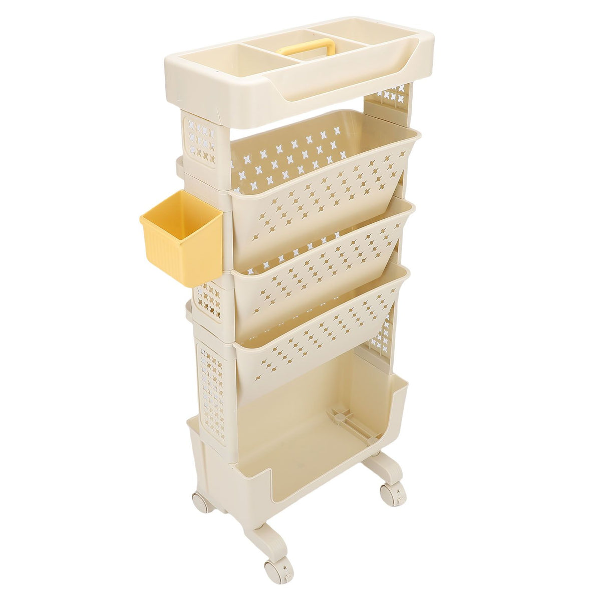 Cream white 5-tier rolling book cart from Everything Baby with lockable casters, multi-functional storage for study, office, or bedroom.