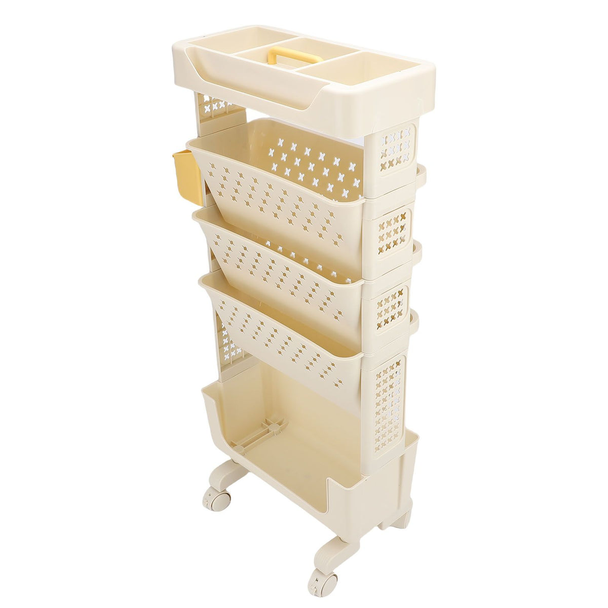 Cream white 5-tier rolling book cart from Everything Baby with lockable casters, versatile storage for kids' study or bedroom.
