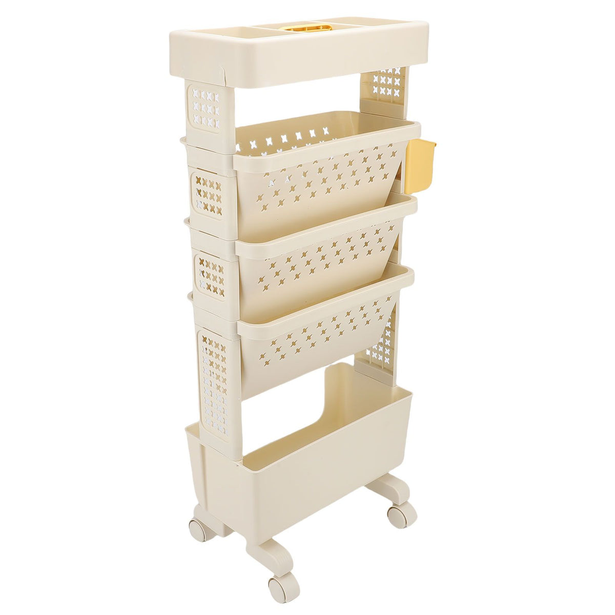 Cream white 5-tier rolling book cart by Everything Baby with lockable casters, portable storage for kids' books and toys.