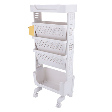 White 5-tier rolling book cart by Everything Baby, kid’s storage bookshelf with lockable casters for study, office, or bedroom use.