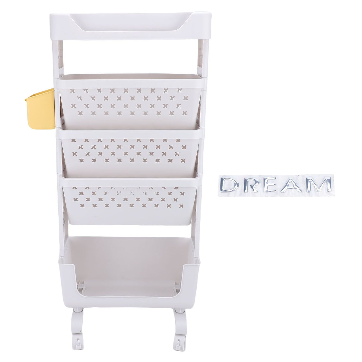White five-tier rolling book cart by Everything Baby with lockable casters, ideal for kids' bedrooms, study rooms, and offices.