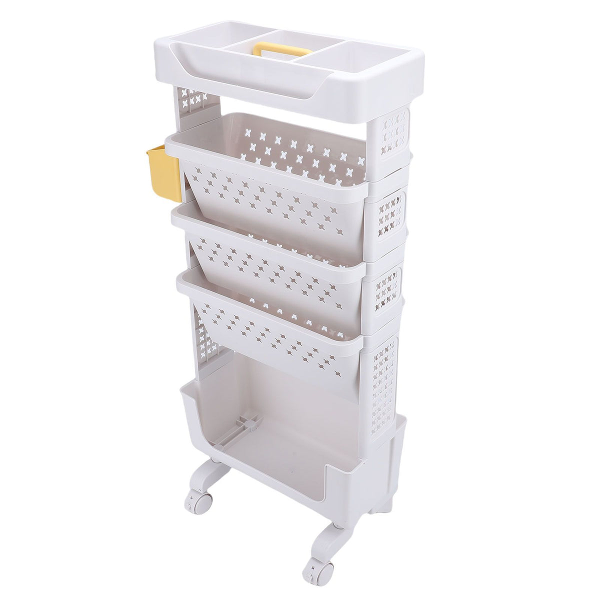 White 5-tier rolling book cart by Everything Baby with lockable casters, ideal for kids' bedrooms, study rooms, and offices.