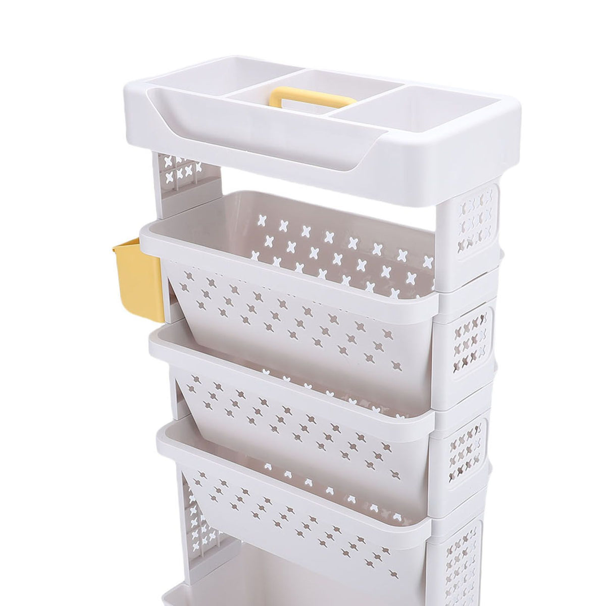 White 5-tier rolling book cart by Everything Baby, sturdy plastic storage shelf with lockable casters for study, office, or bedroom use.
