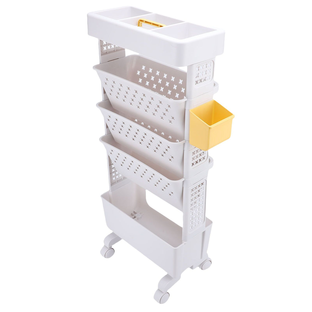 White 5-tier rolling kid's book cart by Everything Baby with lockable casters, ideal for study, playroom, or bedroom storage.