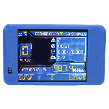 Bitcoin Miner USB with Bluetooth and WiFi display for Bitcoin enthusiasts, featuring a 2.8-inch screen and blue design.