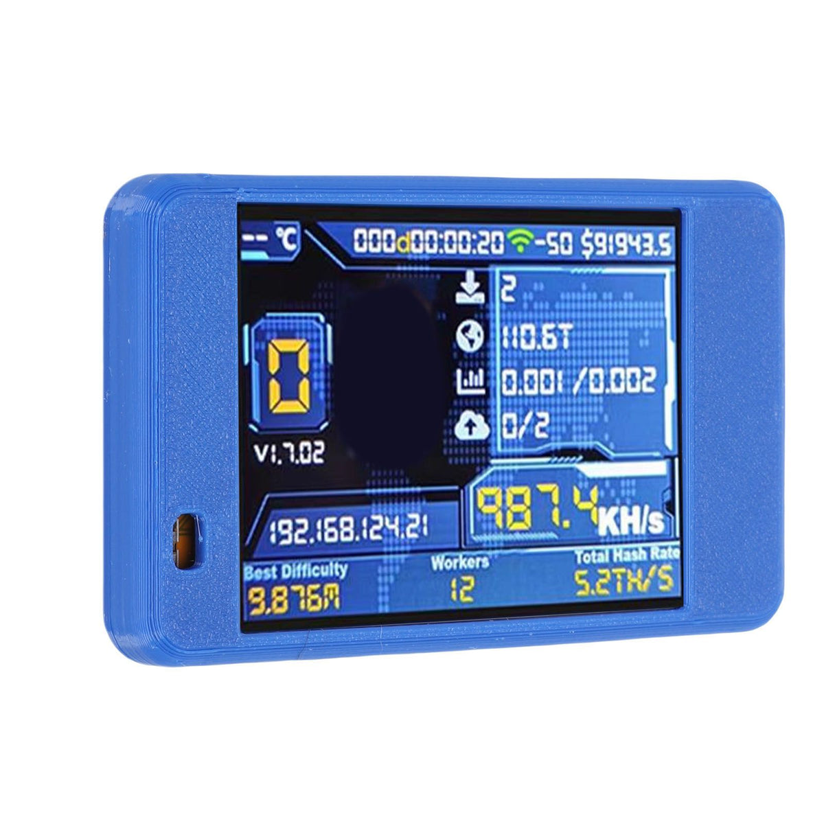 Bitcoin Miner USB device with Bluetooth and WiFi, 2.8-inch display, blue color, designed for solo Bitcoin mining enthusiasts.
