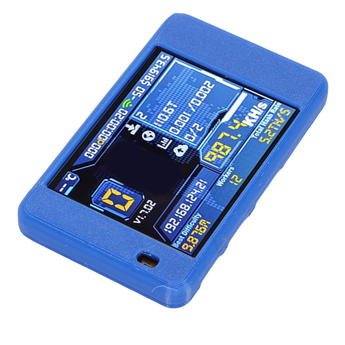 Bitcoin miner USB device with Bluetooth and WiFi, 1060KH/s, 2.8-inch display, designed for Bitcoin enthusiasts, blue color.