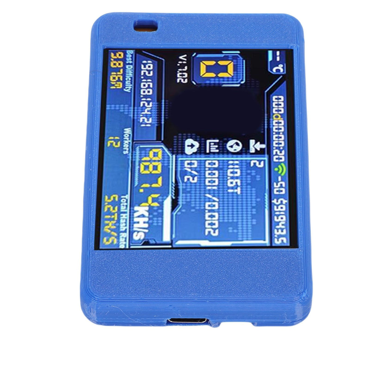 Blue Bitcoin Miner USB device with display, Bluetooth and Wi-Fi, 1060KH/s hashing power, designed for Bitcoin enthusiasts.