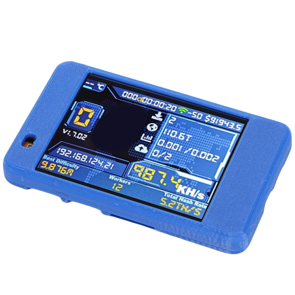 Bitcoin Miner USB device with Bluetooth and WiFi, 1060KH/s, 2.8-inch display, blue color, for Bitcoin enthusiasts.