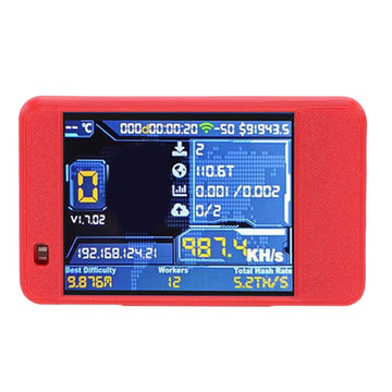 Bitcoin Miner USB device with 2.8-inch display, Bluetooth and WiFi, 1060KH/s for Bitcoin mining, in red color.