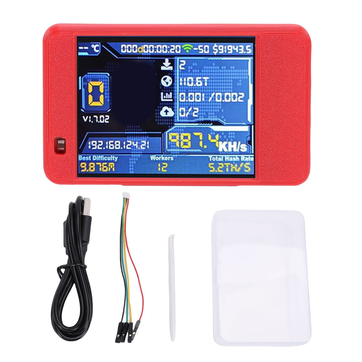 Bitcoin Miner USB device with Bluetooth and WiFi, 1060KH/s, 2.8-inch display, designed for Bitcoin enthusiasts.