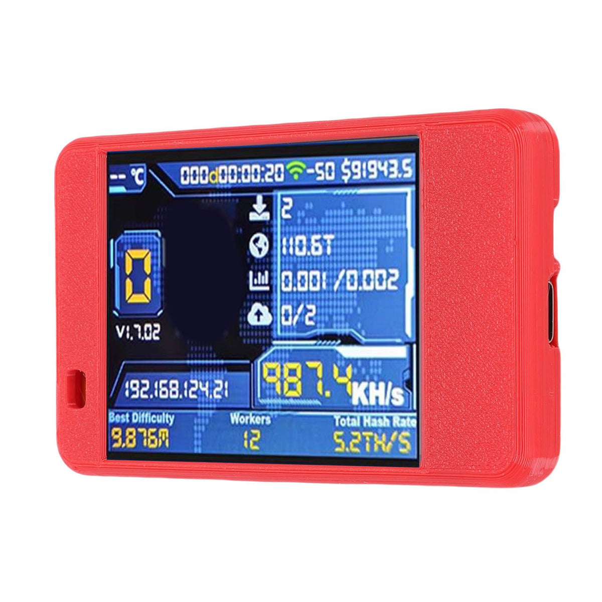 Bitcoin Miner USB device with Bluetooth, WiFi, 1060KH/s, 2.8-inch display, for solo Bitcoin mining, in red color.