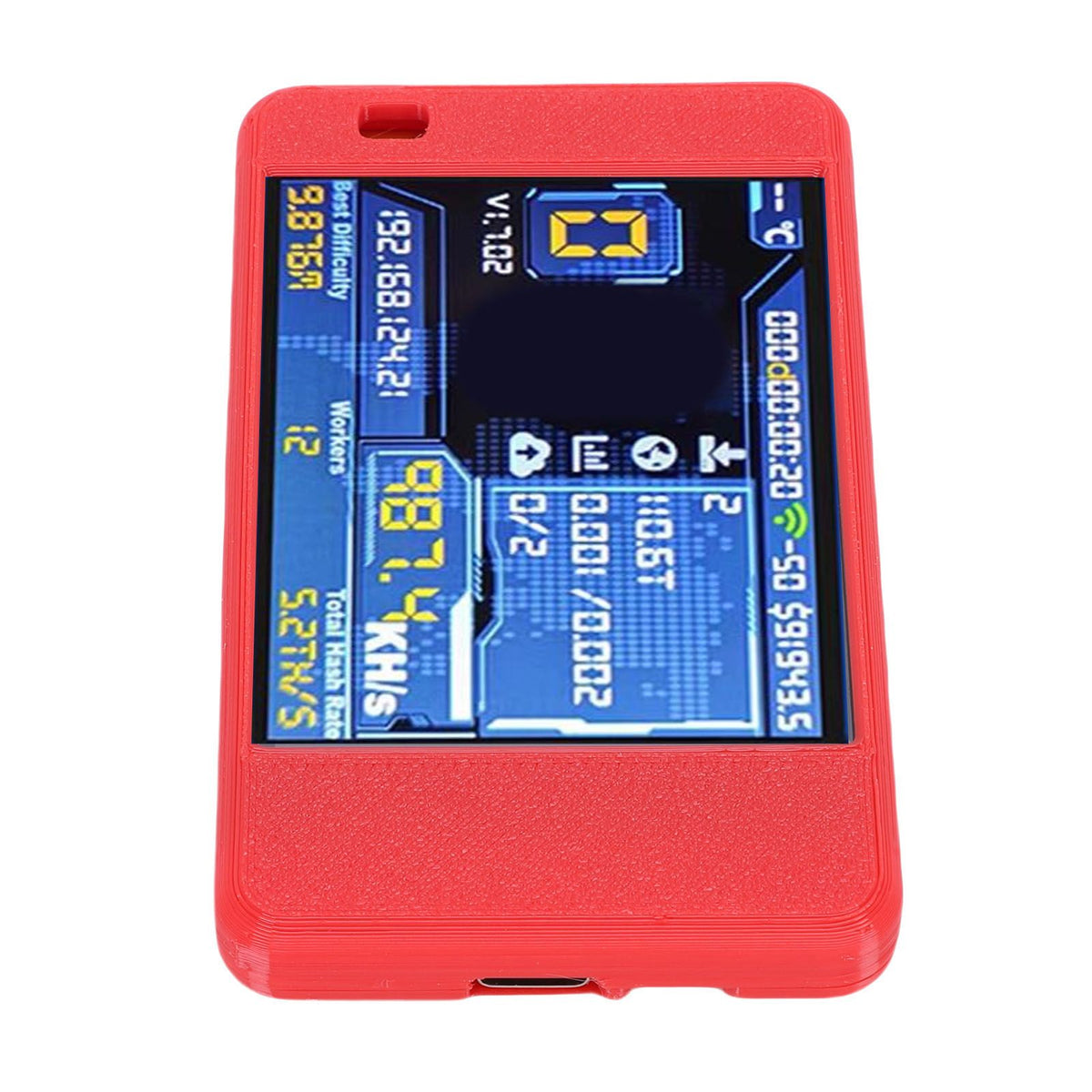 Bitcoin Miner USB device with 2.8-inch display, Bluetooth and WiFi, designed for Bitcoin mining enthusiasts in red color.