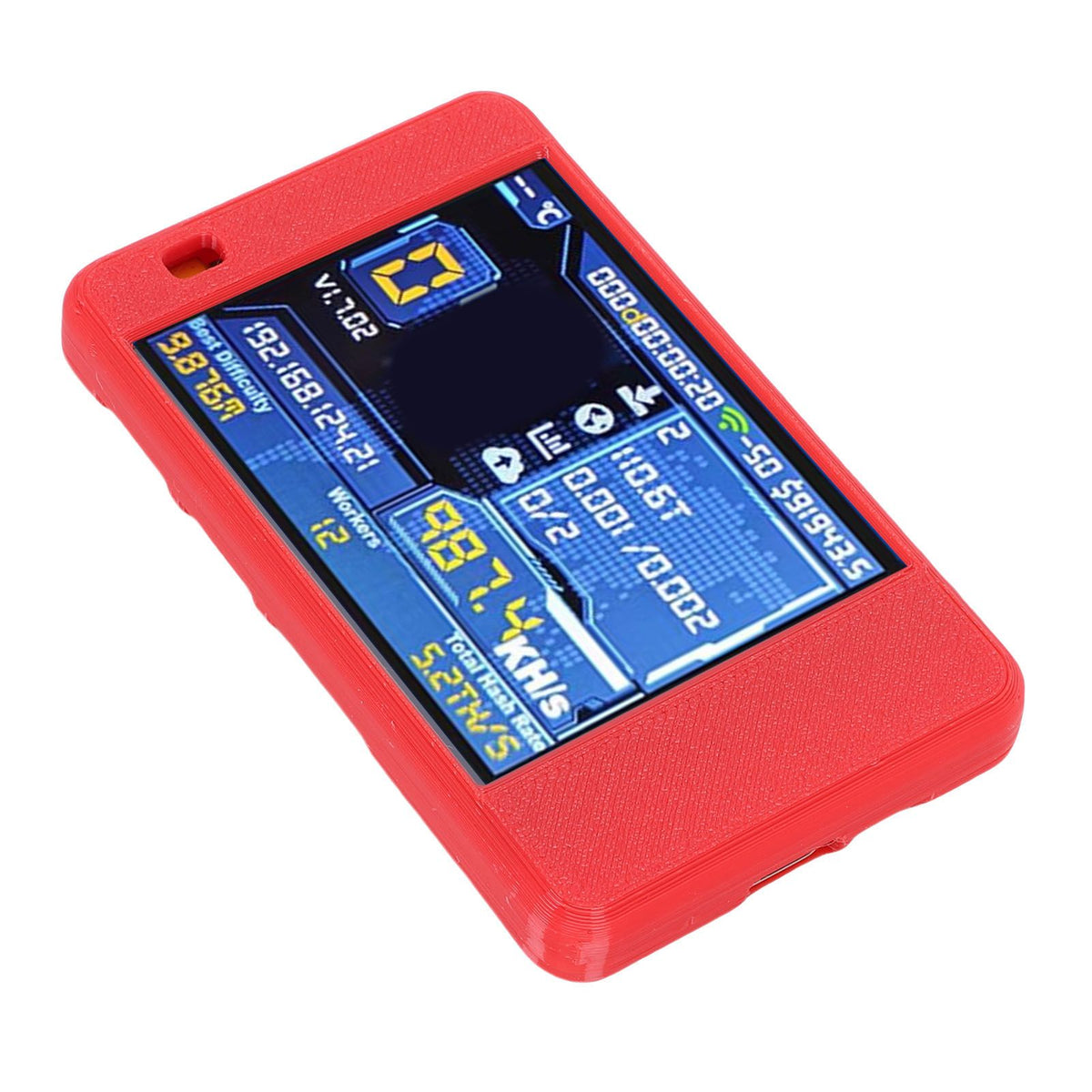 Bitcoin Miner USB device with 2.8-inch display, Bluetooth and WiFi, 1060KH/s for Bitcoin mining, in red, for enthusiasts.