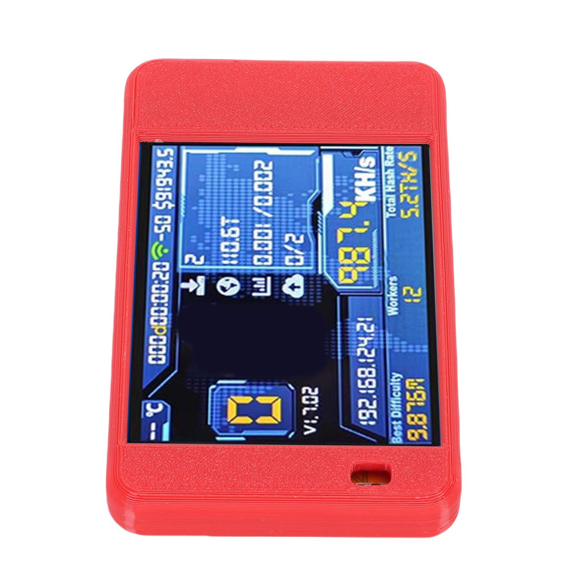 Bitcoin Miner USB device with Bluetooth and WiFi, 2.8-inch display, red color, designed for solo Bitcoin mining enthusiasts.