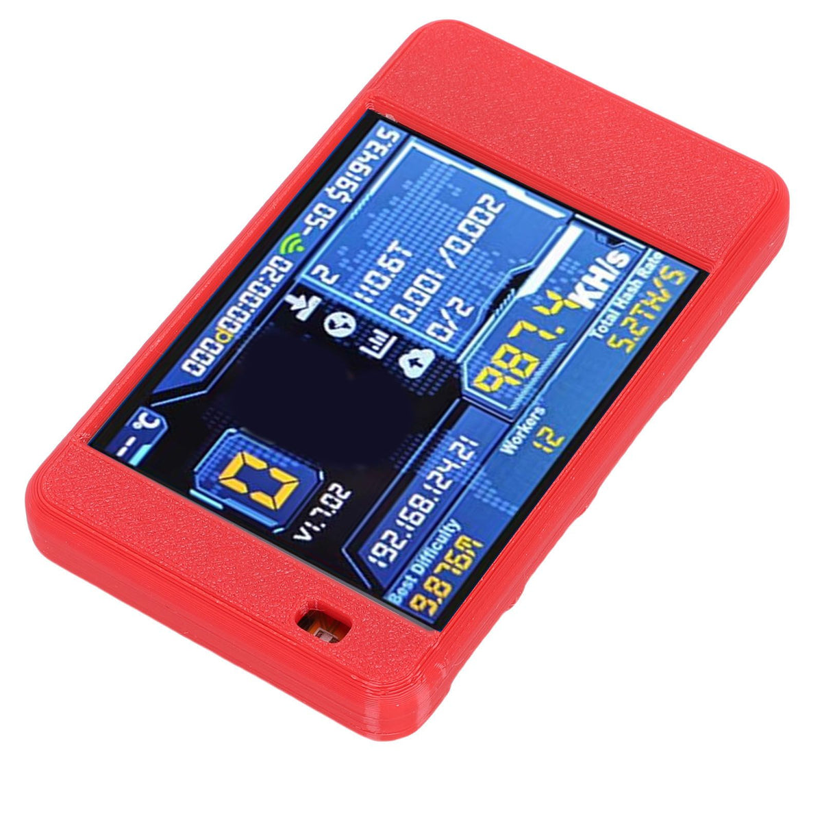 Bitcoin Miner USB device with Bluetooth and WiFi, 1060KH/s, 2.8-inch display for cryptocurrency mining enthusiasts.