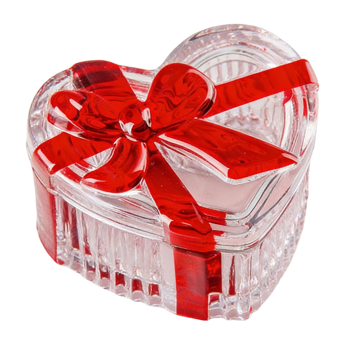 Glass heart-shaped candy jar with red bow lid, clear cookie bowl for snacks, jewelry, and storage, branded Everything Baby.