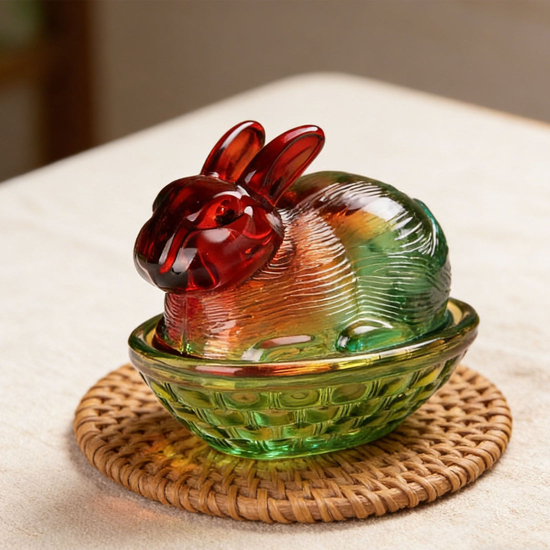 Vintage gradient glass candy dish with lid in bunny shape, decorative Easter candy and jewelry holder, by Everything Baby