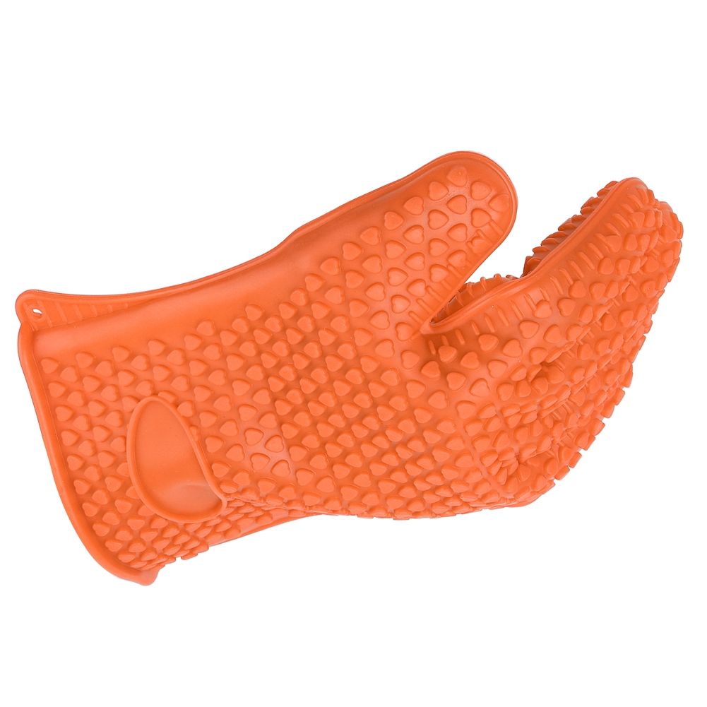 Orange silicone finger gloves for microwave oven insulation, designed for pretend play in kids' kitchen toy set.