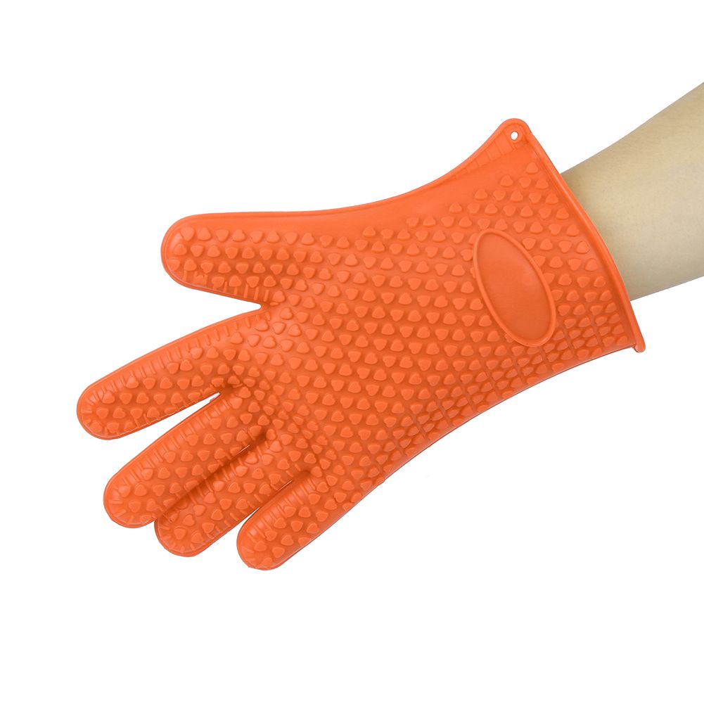 Orange silicone baking finger gloves from Everything Baby, non-slip insulation for household microwave oven use, ideal for pretend play.