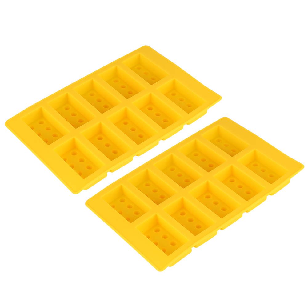 Yellow silicone ice cube mold with 10-grid design for making ice cubes, ideal for DIY drinking and kitchen use.