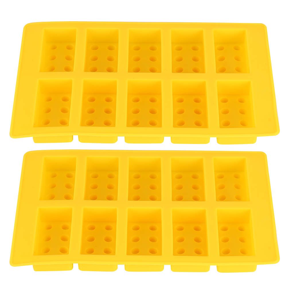 Yellow silicone ice cube mold with 10 grid compartments for DIY ice making, suitable for drinks and kids' play.