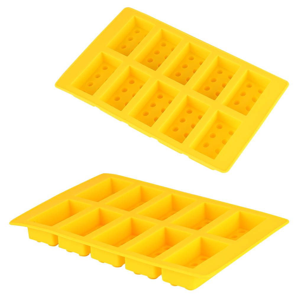 Yellow silicone ice cube mold with 10 grid compartments for making DIY ice cubes, ideal for drinks and kid-friendly toy use.