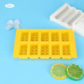 Yellow silicone ice cube mold with 10-grid design for DIY ice making, suitable for drinks and fun baby and kids building toys.