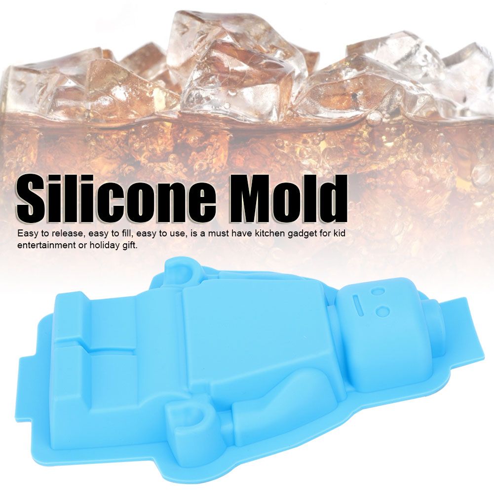 Robot-shaped silicone mold for ice cubes, chocolates, and fondant cake decorations, ideal for DIY pretend play and kids' baking fun.
