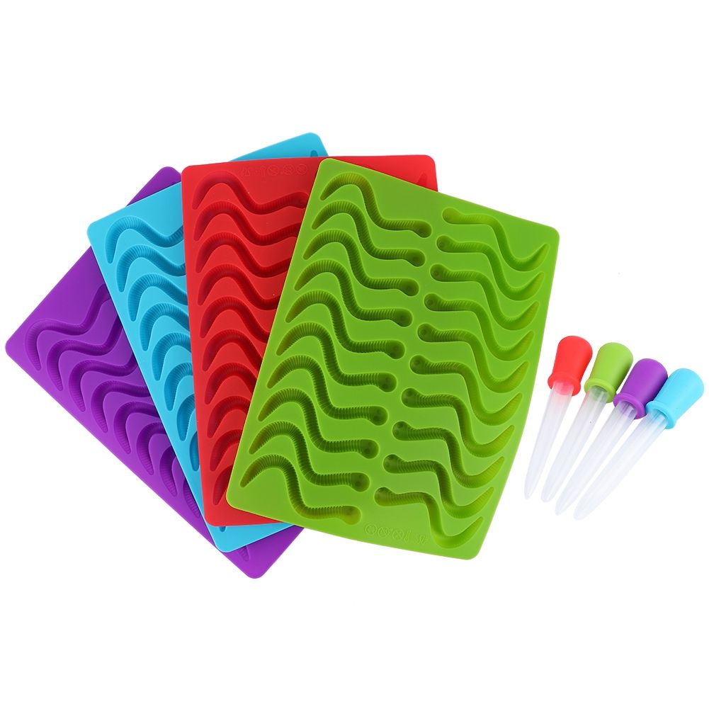 Set of 4 silicone earthworm-shaped fondant candy molds with dropper tools in red, blue, green, and purple for baking and decorating.