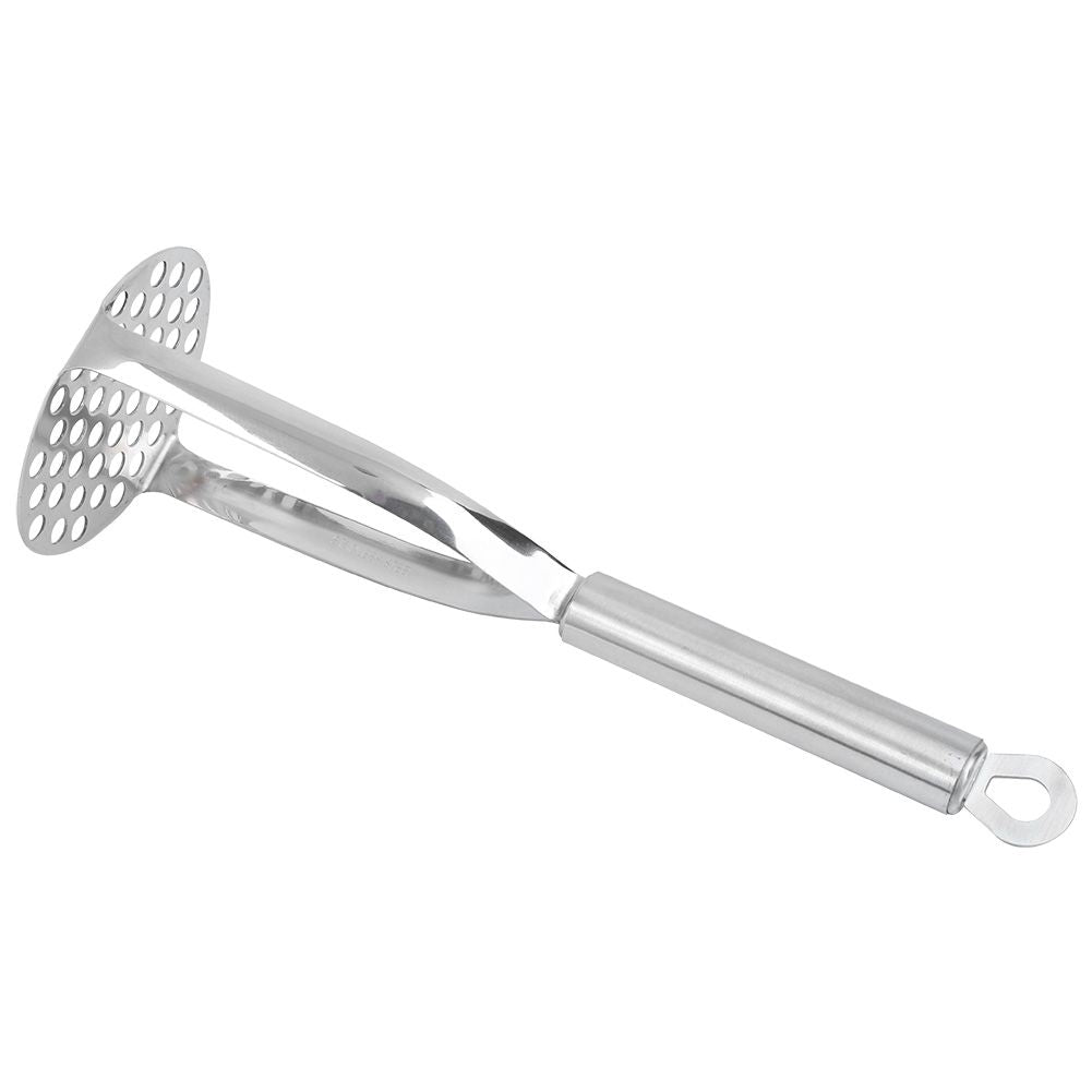 Stainless steel baby potato masher from Everything Baby with thickened handle for easy mashing of sweet potatoes and soft foods.
