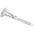 Stainless steel baby potato masher from Everything Baby with thickened handle for easy mashing of sweet potatoes and soft foods.