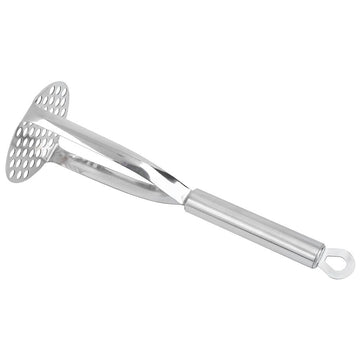 Stainless steel baby potato masher from Everything Baby with thickened handle for easy mashing of sweet potatoes and soft foods.