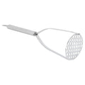Stainless steel baby food masher by Everything Baby, thickened handle and mashing surface for sweet potatoes and fruits.