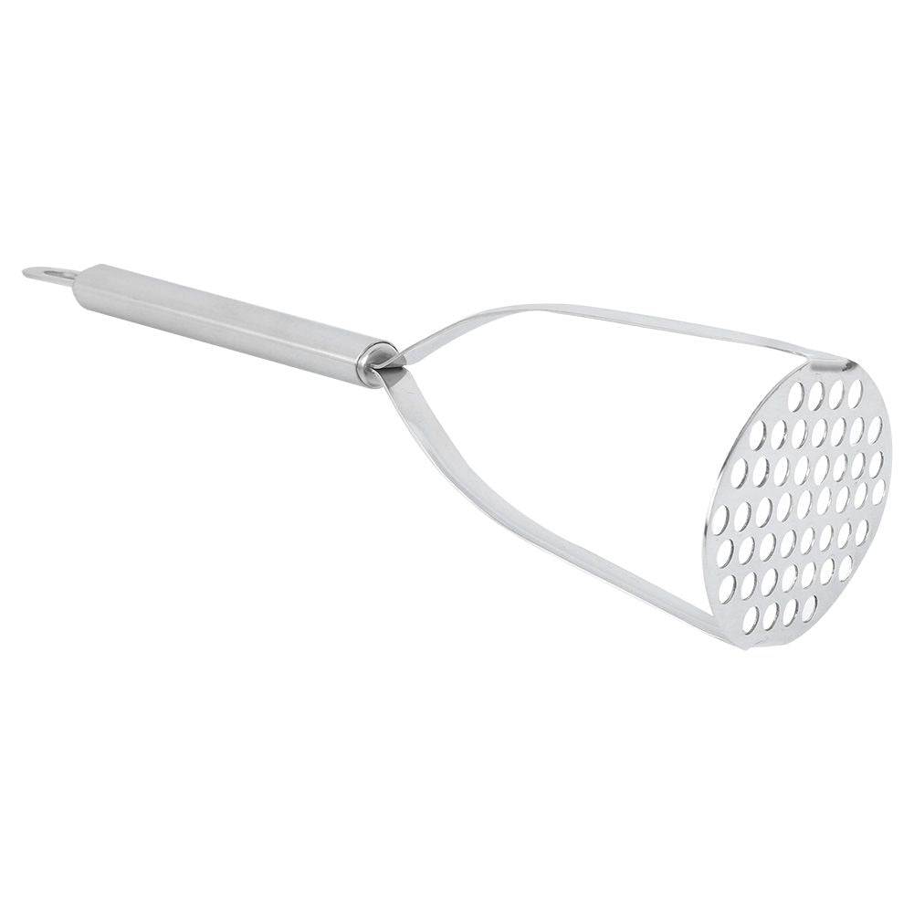 Stainless steel baby food masher by Everything Baby, thickened handle and mashing surface for sweet potatoes and fruits.