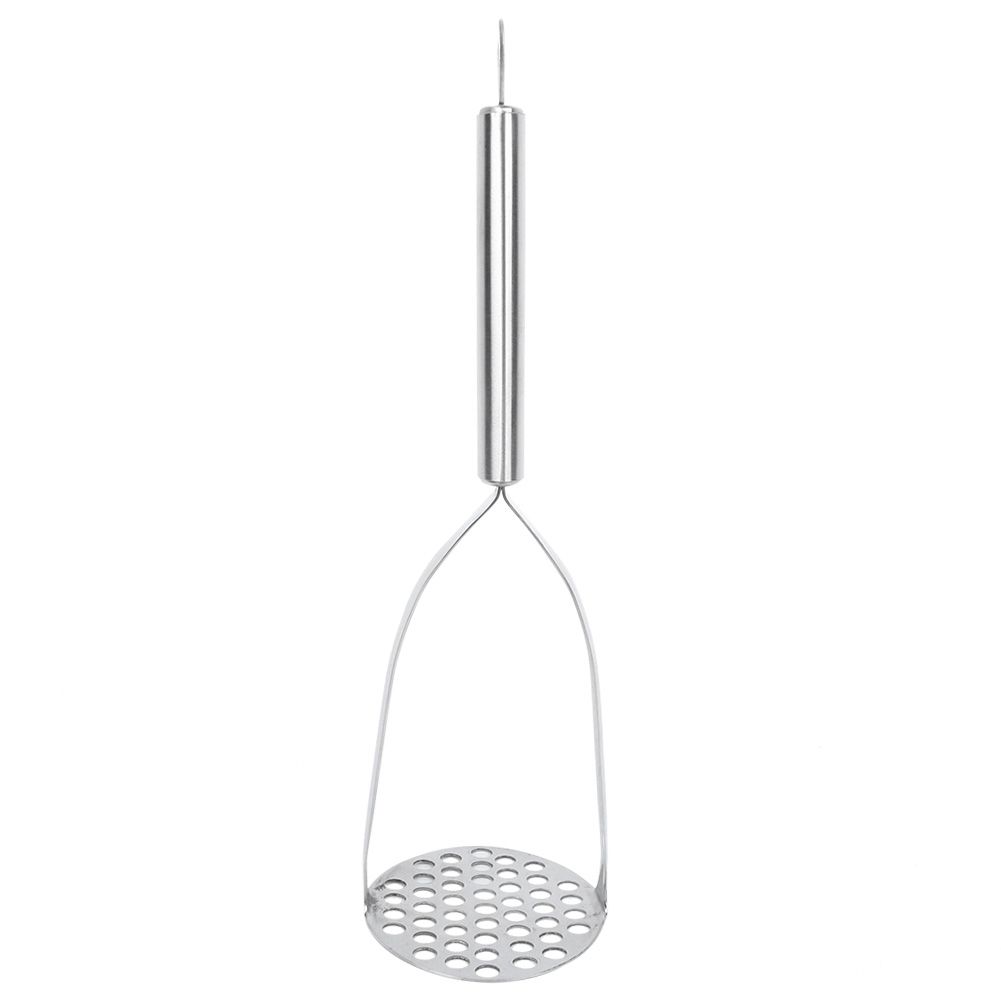 Thickened stainless steel baby potato masher with ergonomic handle for soft fruits and baby food preparation.