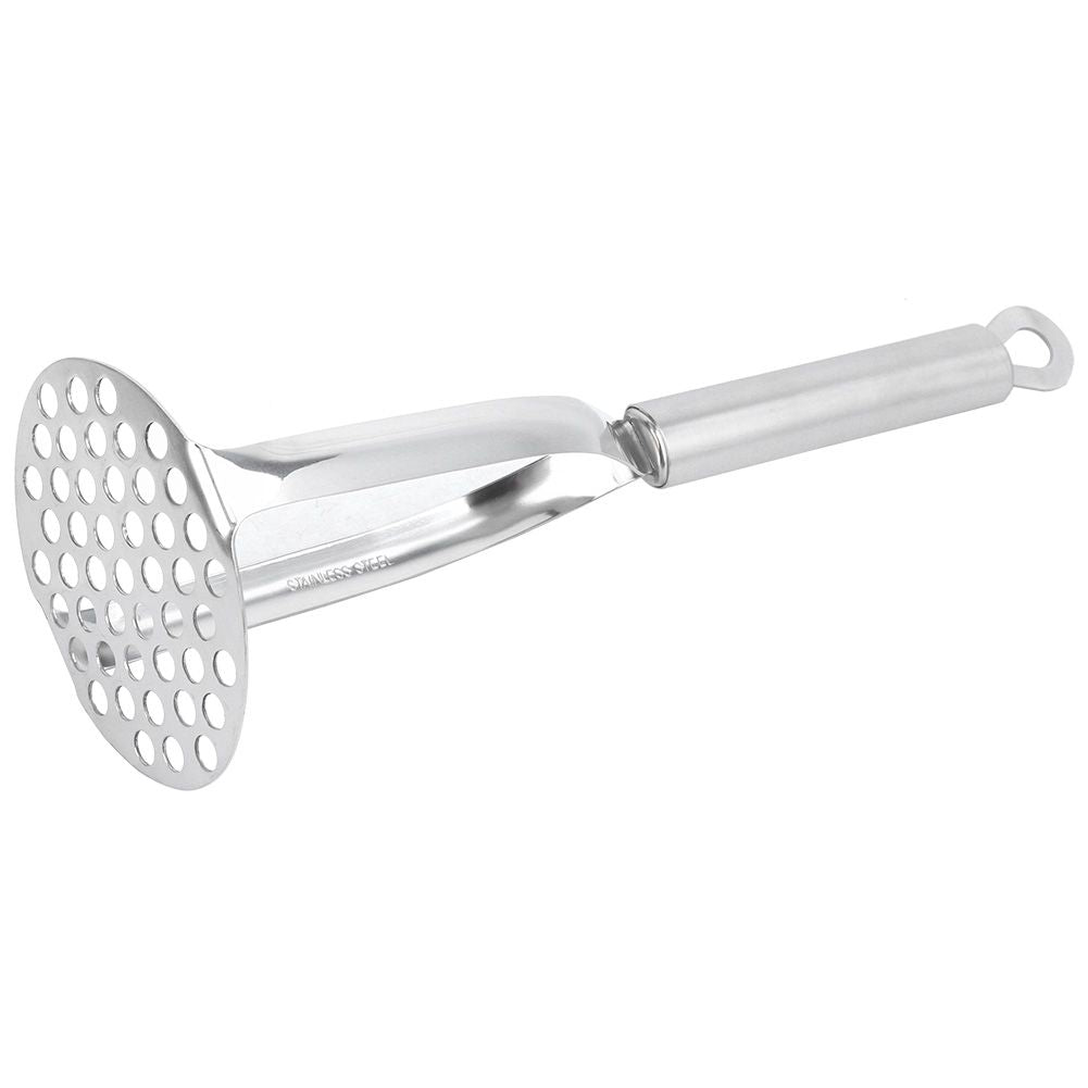 Thickened stainless steel baby potato masher with ergonomic handle for mashing sweet potatoes and baby food.