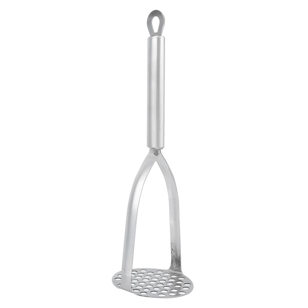 Thickened stainless steel baby potato masher from Everything Baby, ideal for mashing sweet potatoes and fruits for baby food.