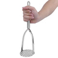 Stainless steel potato masher from Everything Baby, designed for mashing sweet potatoes, fruits, and baby food with a thickened handle.