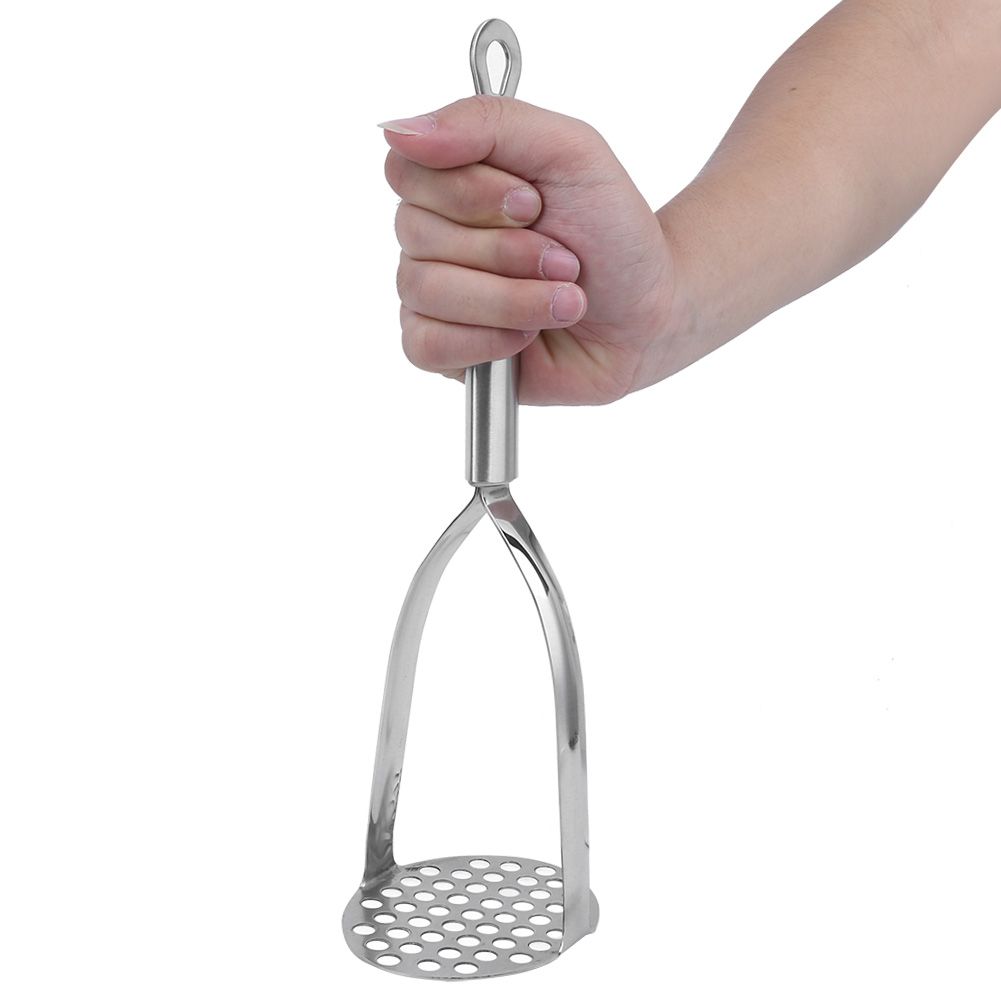 Stainless steel potato masher from Everything Baby, designed for mashing sweet potatoes, fruits, and baby food with a thickened handle.