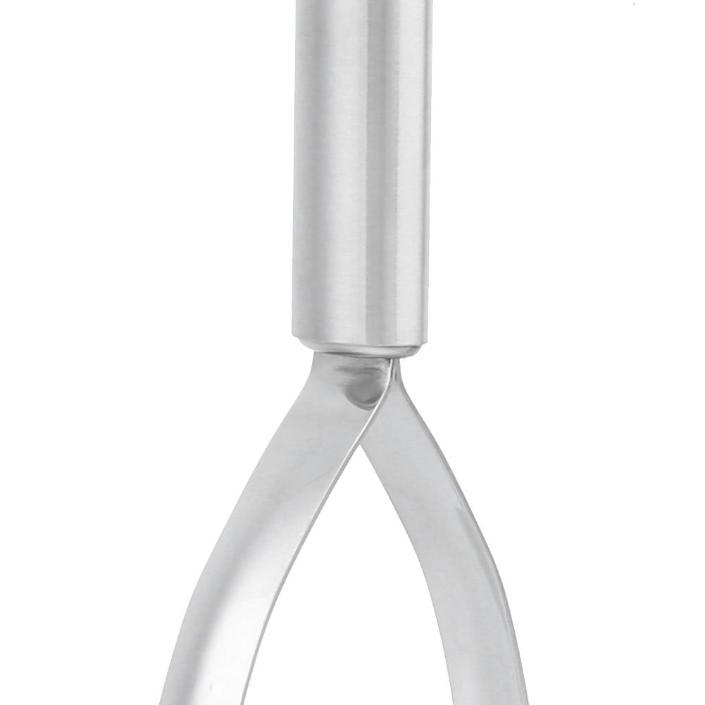 Stainless steel baby and kids potato masher with thickened handle for easy mashing of sweet potatoes and fruits.