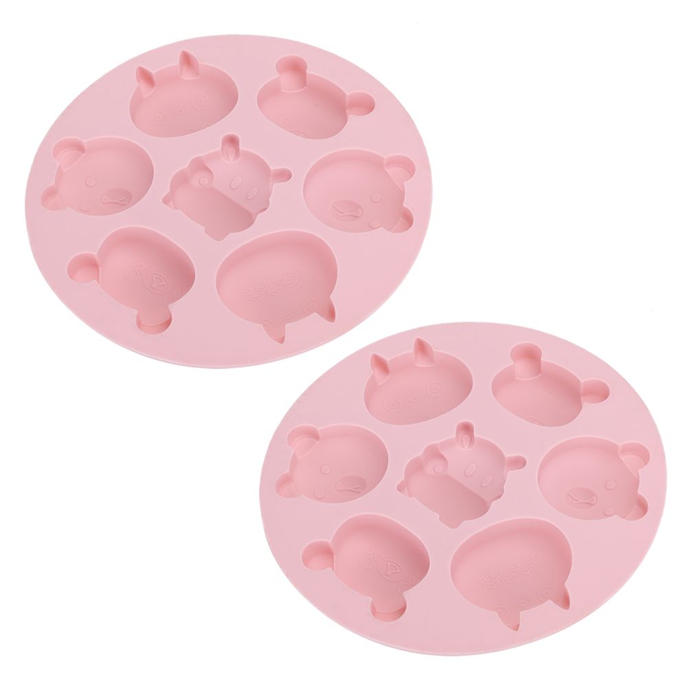 Pink silicone mold with cartoon animal shapes for baking and pretend play, ideal for cake and chocolate decorating.