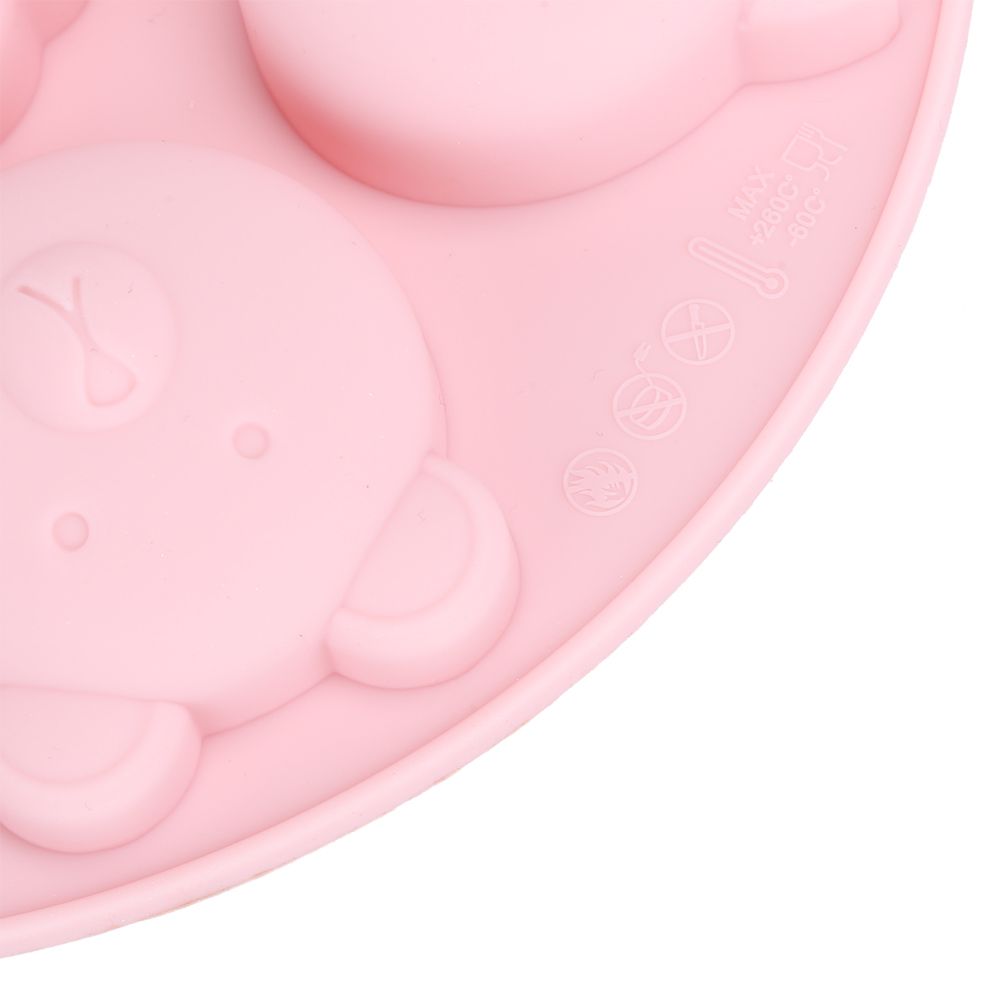 Pink silicone mold featuring cartoon animal shapes for cake and chocolate baking, ideal for kids' pretend play and baking fun.