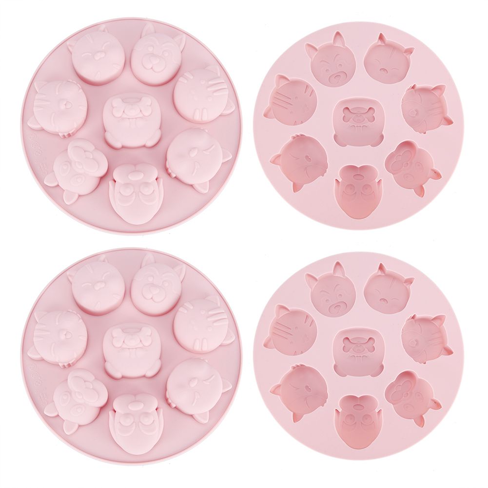 Pink silicone mold with cartoon animal shapes for baking, cake decorating, and chocolate making, ideal for baby and kids' treats.