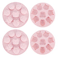 Pink silicone mold with cartoon animal shapes for baking, cake decorating, and chocolate making, ideal for baby and kids' treats.